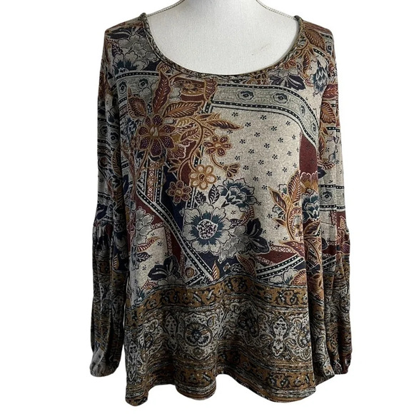 World Unity Blouse XL Floral Gray Red Knit Pullover 3/4 Balloon Sleeves Stretch - Picture 1 of 9